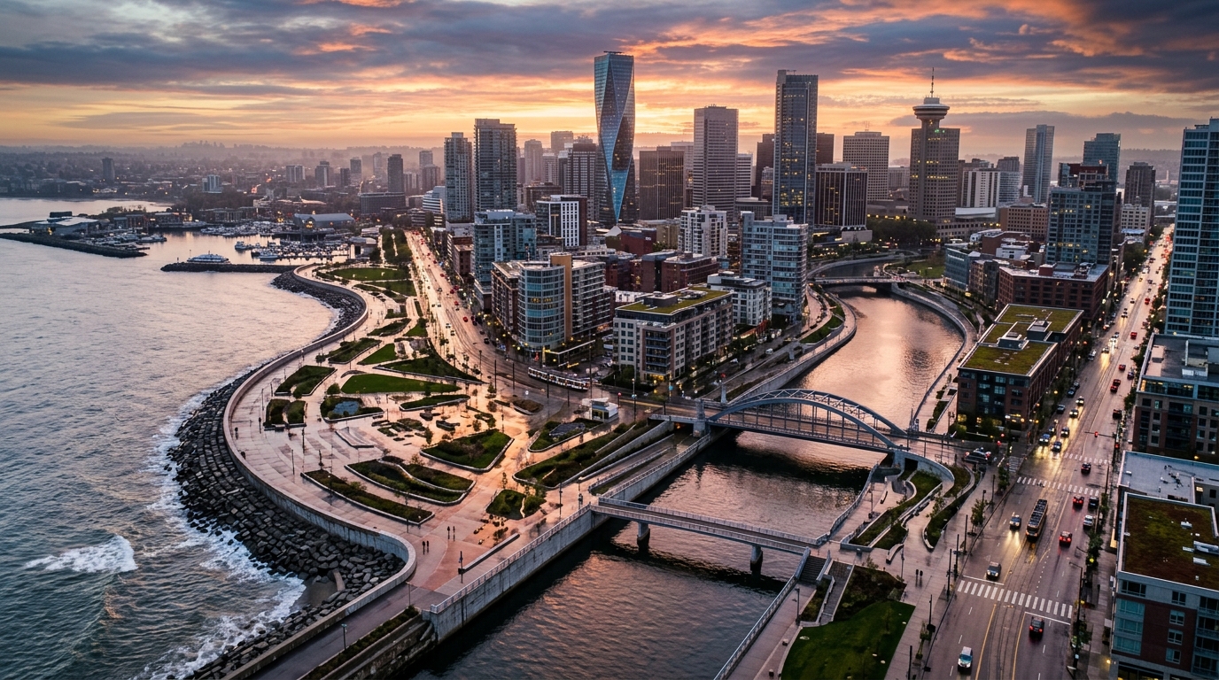 Aerial view of urban river basin with stormwater management channels